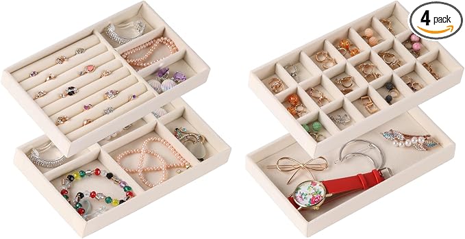 4-Set Jewelry Organizer for Drawer, Stackable Velvet Jewelry Trays with Removable Dividers, Earring and Necklace Holder for Dresser, Perfect as a Vanity Tray for Women