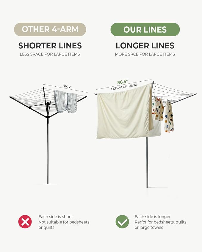 JS HANGER Collapsible 3-arm Rotary Outdoor Umbrella Drying Rack Metal Clothes Dryer Clothesline with 131ft Drying Space