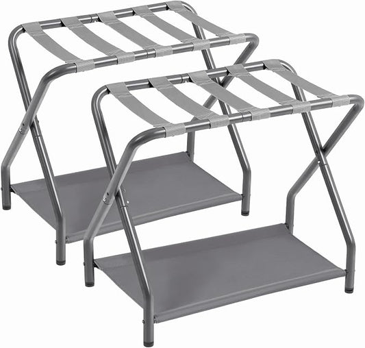 AMHANCIBLE Luggage Rack, Set of 2, Foldable Suitcase Stands for Guest Room | Metal Luggage Holder with Storage Shelf for Bedroom, Hotel, Easy Assemble, Grey