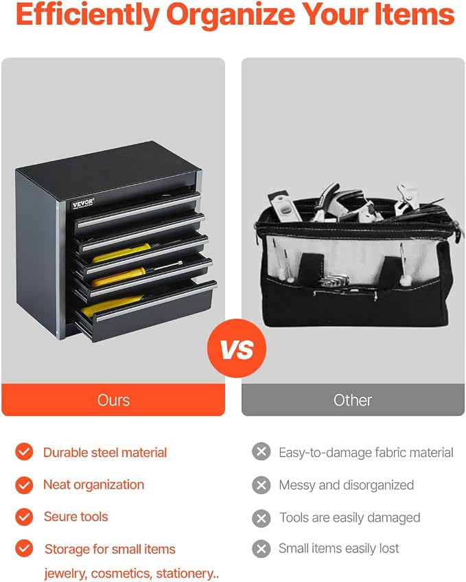 VEVOR Metal Tool Box, 8.6-inch, Portable Metal Tool Box with 5 Drawers, Small Tool Chest with EVA Liners and PP Feet Pads, Heavy-Duty Steel With Ball Bearing Opening and Powder Coated Finish, Black