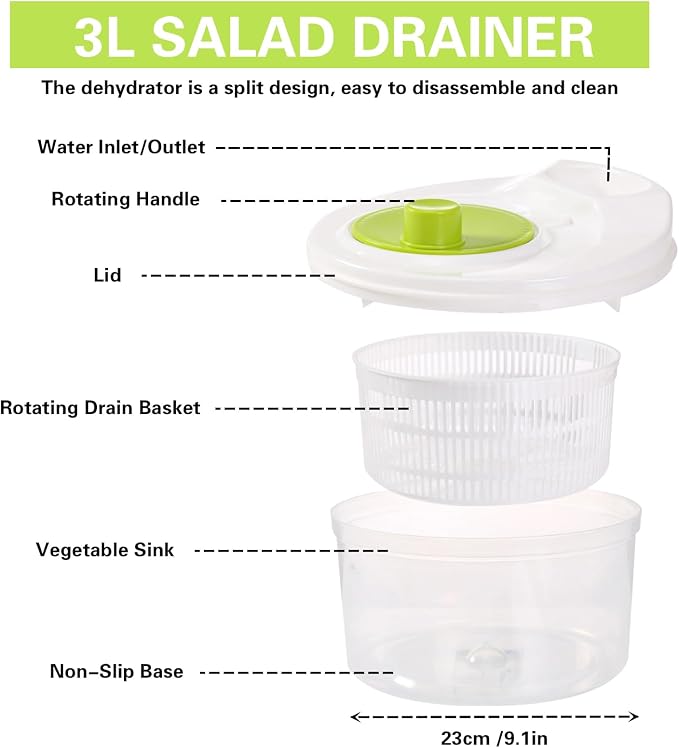 3L Salad Spinner,Fydun Versatile Lettuce Dryer with Colander & Bowl, for Berries, Fruits, and Veggies, White & Green