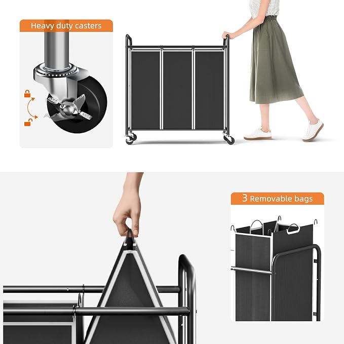 ROMOON Laundry Sorter Hamper 3 Section, Divided Laundry Basket Organizer | Rolling Clothes Hamper with Heavy Duty Lockable Wheels and Removable Bags for Apartment, Dorm & Family, 135L, Modern Black