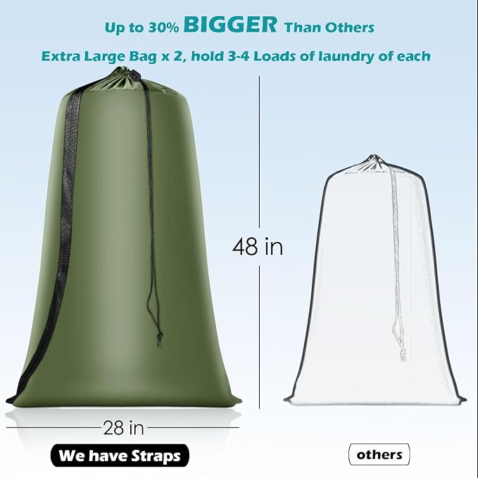 Coomee Heavy Duty Laundry Bag, 2 Pack XL Nylon Laundry Bags with Straps | Extra Large Laundry Bags, Drawstring Closure, Washable Large Dirty Clothes Organizer, Travel Bag Fits a Laundry Hamper