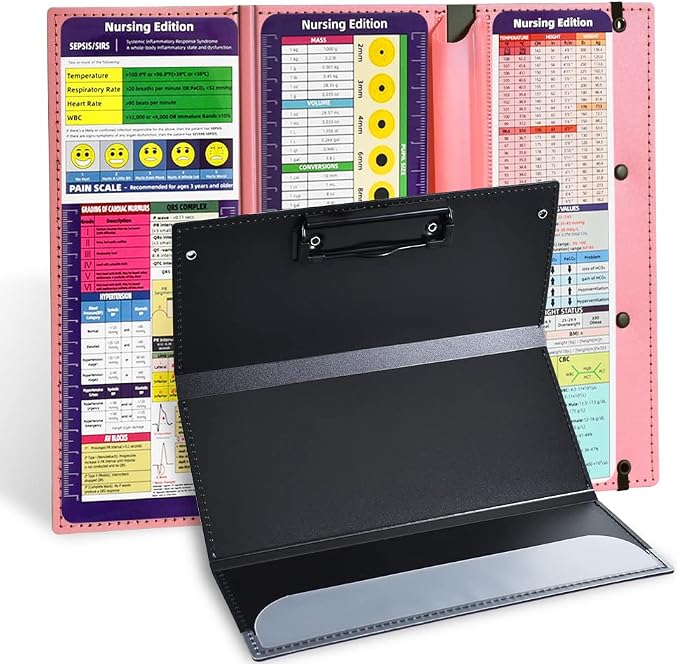 Vuzvuv Pink Foldable Nursing Clipboard Nurse Clip Board-1pcs 3 Layers | Sturdy Lightweight Plastic, Fits Pockets/Bags, Built-In Medical Cheat Sheets, for Nurses, Doctors, Medical Students