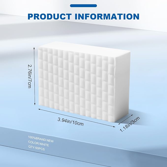 Extra-Thick Melamine Sponge Erasers, 3.94 x 2.76 x 1.18 in, 50 Count | Water-activated extra-thick pads lift grime on kitchens, baths, tile, sinks and appliances; rinse and dry after use.