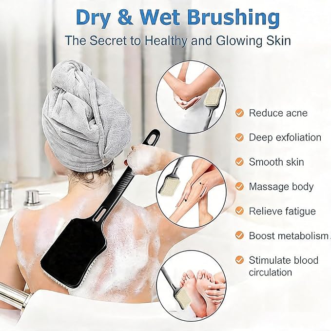 2-piece Back Scrubber for Shower, 14" Long Handle Body Brush, Bath Scrubber | Skin Exfoliating Bath, Massage Bristles Suitable for Wet or Dry, Anti-Slip Lightweight Shower Brush for Men & Women Seniors