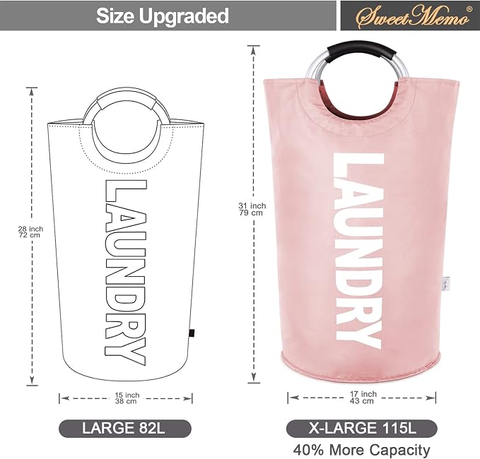 Large Laundry Basket, Laundry Hamper Bag with Handles, 115L Pink | Freestanding Tall Dirty Clothes Hamper, Collapsible and Portable Laundry Bin for Dorms and Bedrooms, Thick, Sturdy Fabric