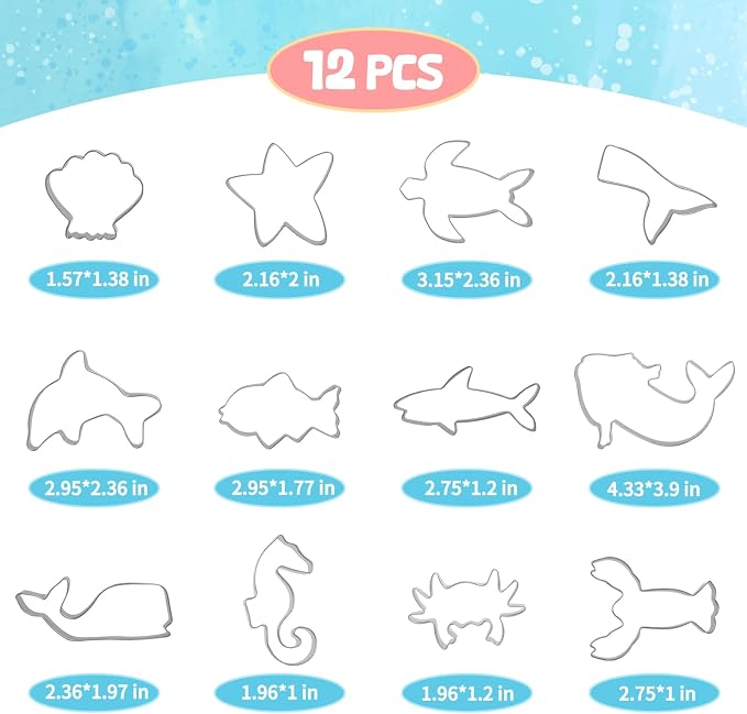 GWHOLE Sea Creature Cookie Cutters Variety Pack, Stainless Steel, 12PCS | Ocean Animal Design, For Kids Birthday Holiday Themed Party, Include Meramid, Fish Shark, Seashell, 1.6-4.3 Inch