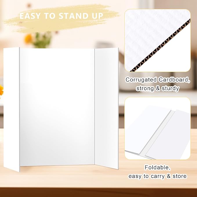 HAUTOCO 4 Pcs Medium Trifold Poster Board 26'' x 15.74'' Project Boards | Corrugated Tri Fold Presentation Boards for Science Fair, School Projects, Event Displays & Business Presentations, White