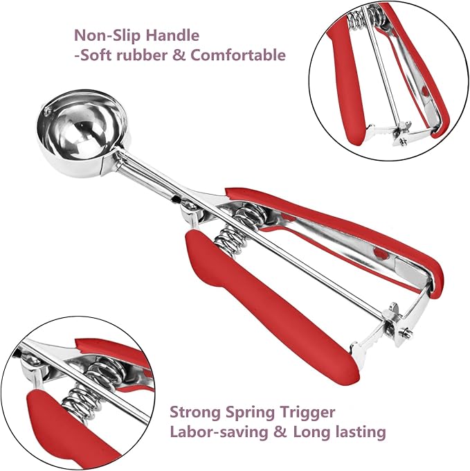 Ice Cream Scoop, 18/8 Stainless Steel Cookie Scoop, Cookie Scoops for Baking, 4 Tbsp/ 60 ml/ 2 oz Cookie Dough Scoop, Ice Cream Scooper with Trigger Release, Cookie Scooper for Baking(Red)