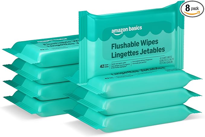 Amazon Basics Flushable Adult Toilet Wipes, Fragrance Free, 42 Count (Pack of 8) (Total 336 wipes) (Previously Solimo), Packaging May Vary