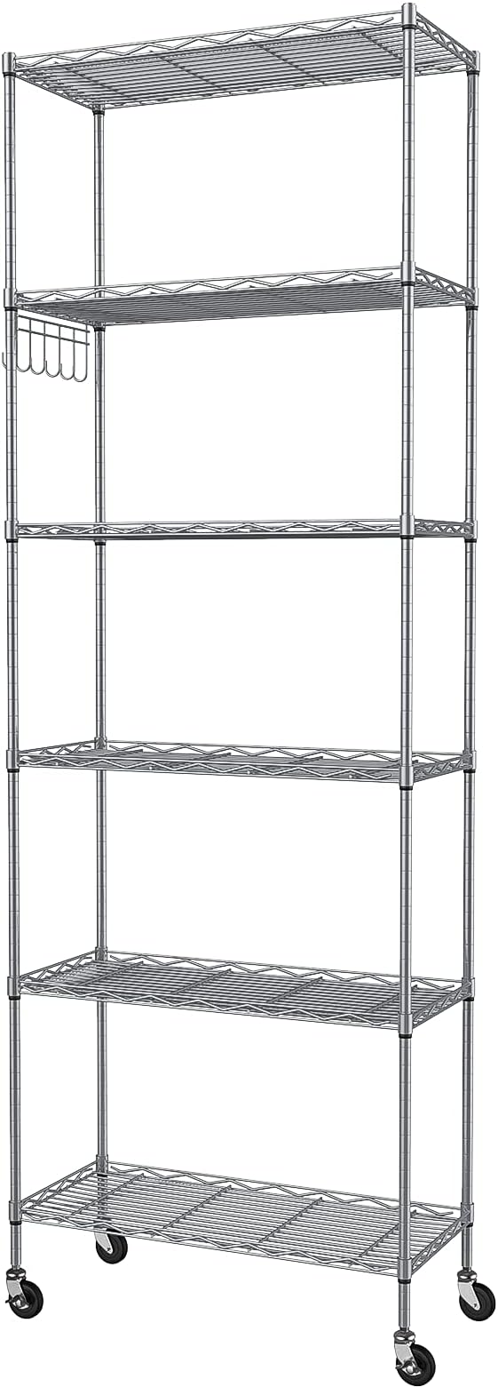 Homdox 6-Tier Storage Shelf Wire Shelving Unit Free Standing Rack Organization with Caster Wheels, Stainless Side Hooks, Silver Gray | Rack Organization