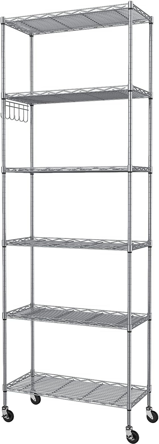 Homdox 6-Tier Storage Shelf Wire Shelving Unit Free Standing Rack Organization with Caster Wheels, Stainless Side Hooks, Silver Gray | Rack Organization