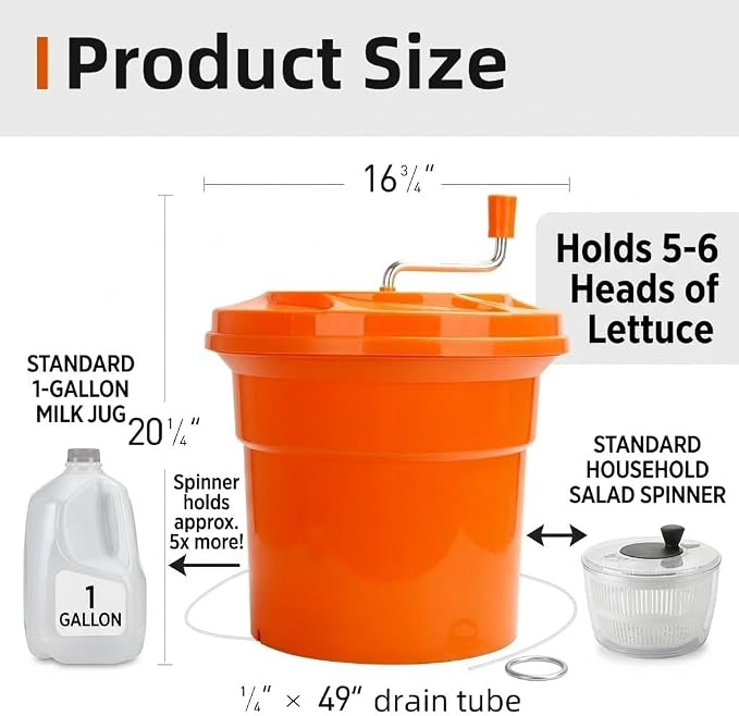 YBSVO 5-Gallon Commercial Salad Spinner Dryer– Holds 5-6 Heads | Heavy Duty Large Lettuce Dryer & Vegetable Washer – Manual Food Prep Spinner for Restaurants & Catering
