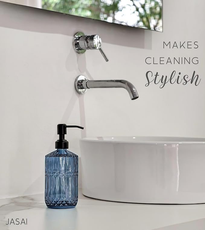 JASAI 18 Oz Blue Soap Dispenser with Black Rust Proof Pump | Refillable Bathroom Soap Dispenser with Thick Glass, Kitchen Soap Dispenser for Hand Soap, Dish Soap, Lotion.(Blue)