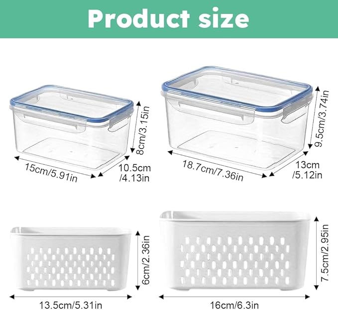 2pcs Fruit Storage Containers for Fridge, Airtight Food Saver Containers with Removable Colander & Lid, Stackable Fridge Organizer Box Set to Keep Vegetables Fresh Longer(Clear White)