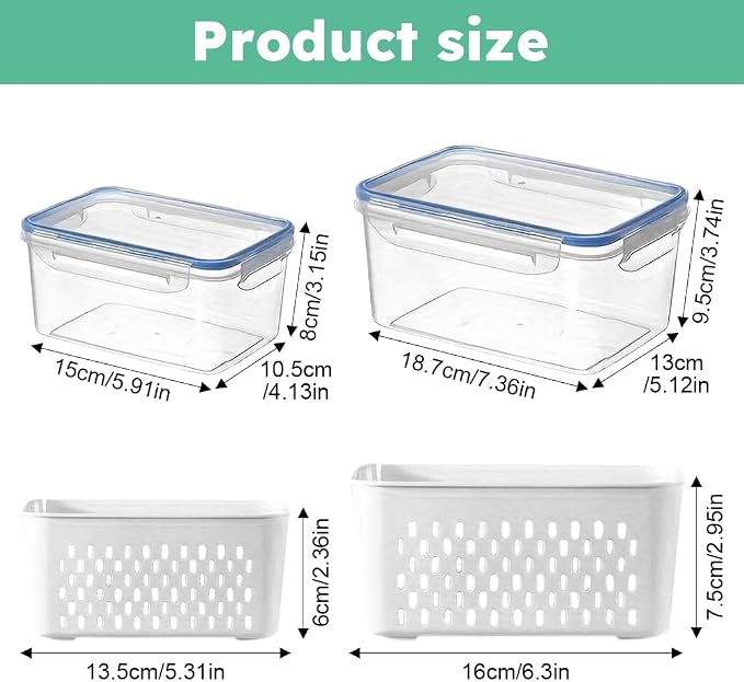 2 Pcs Fruit Storage Containers for Fridge with Removable Colander, Airtight Leakproof Produce Saver Set, Plastic Fridge Organizers for Vegetables, Berries & Meat, Dishwasher Safe
