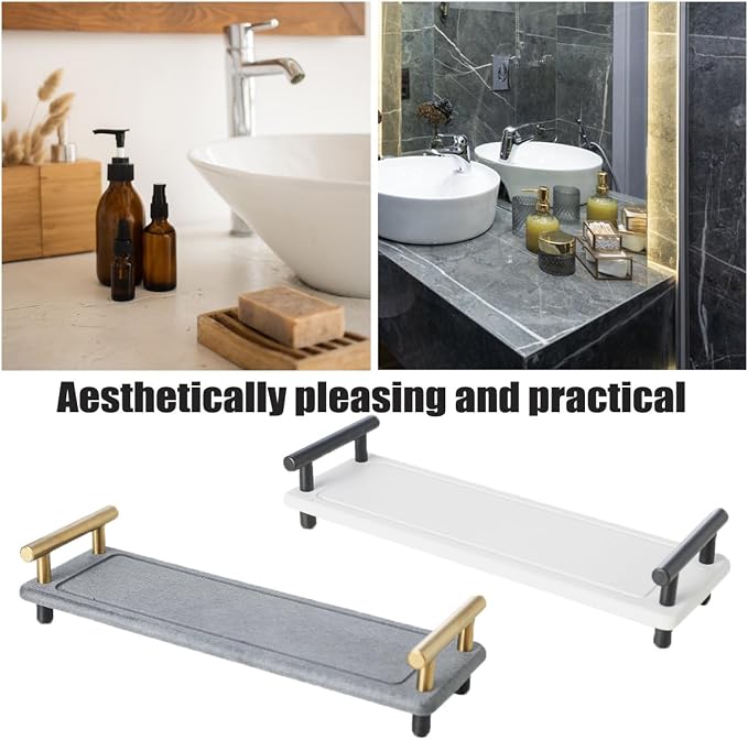 Generic Instant Dry Sink Caddy Organizer, Diatomaceous Earth Bathroom Organizer with Handle Water Absorbing Stone Tray for Sink, Water Absorbent Diatomite Coasters (L Gray Silver Handle)