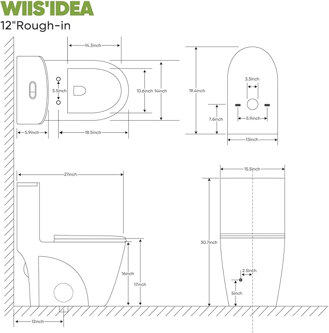 Modern One Piece Elongated Toilet, Dual Flush 1/1.6 GPF, 17" Comfort Height, 15.5" Soft-Close Seat, Quiet & Anti-Clog, Water-Saving, 12" Rough-In, Easy Install (White, 27.17"x15.55"x30.71")