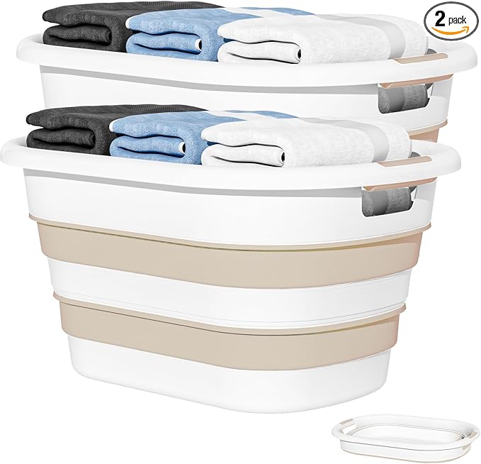 OOAMBB 43L(11.5Gallon) Collapsible Plastic Laundry Baskets (Beige, 2 Packs) | Pop Up Laundry hamper/Storage Container,Foldable Laundry Basket with Large Capacity,Sturdy,Space Saver