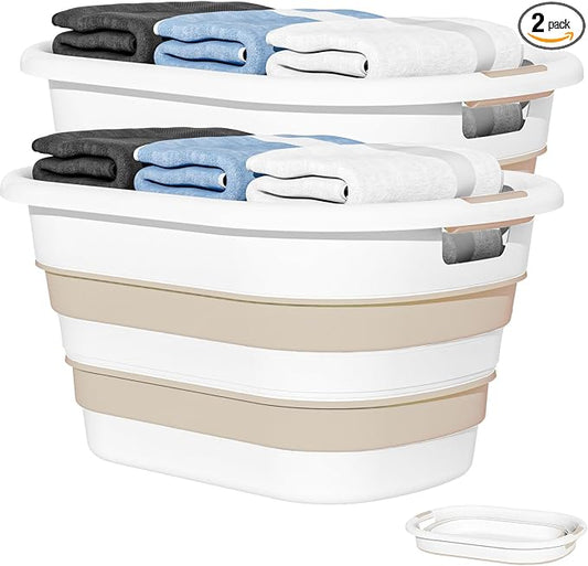OOAMBB 43L(11.5Gallon) Collapsible Plastic Laundry Baskets (Beige, 2 Packs) | Pop Up Laundry hamper/Storage Container,Foldable Laundry Basket with Large Capacity,Sturdy,Space Saver