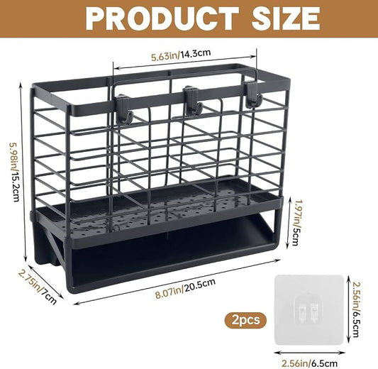 3-Compartment Dish Drying Rack for Kitchen, Carbon Steel Utensil Holder with Drain Tray, Utensil Caddy Organizer for Knives, Forks, Spoons, Chopsticks, Wall Mount or Countertop (Charcoal Grey)