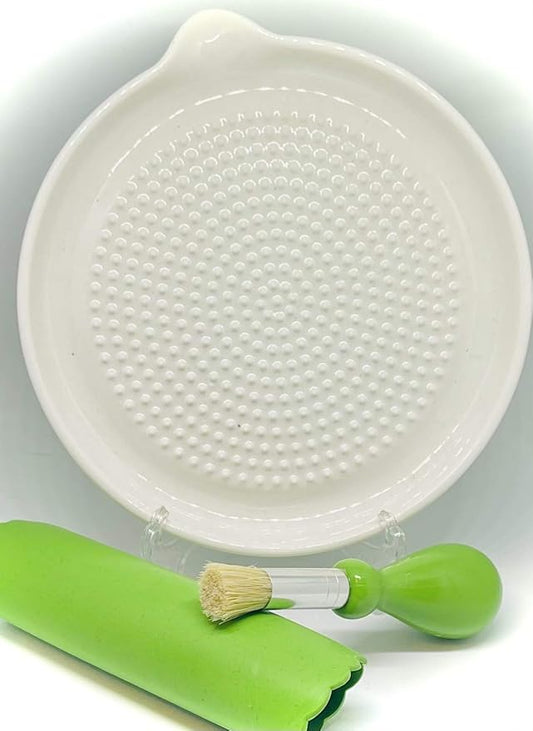 BonCera, Premium Ceramic Garlic Grater Plate 3-Piece Set - Large White Modern Design and Style - For Garlic, Ginger, Chocolate, and more! - Comes with 6" Plate, Peeler, and Brush