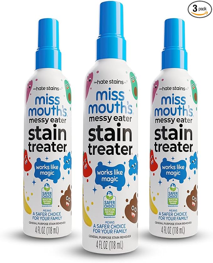 Miss Mouth's Messy Eater Stain Treater Spray - 4oz 3 Pack Stain Remover - Newborn & Baby Essentials - No Dry Cleaning Food, Grease, Coffee Off Laundry, Underwear, Fabric | Newborn & Baby Essentials; Cleans Off Food, Grease, Coffee; Use on Laundry, Unde...