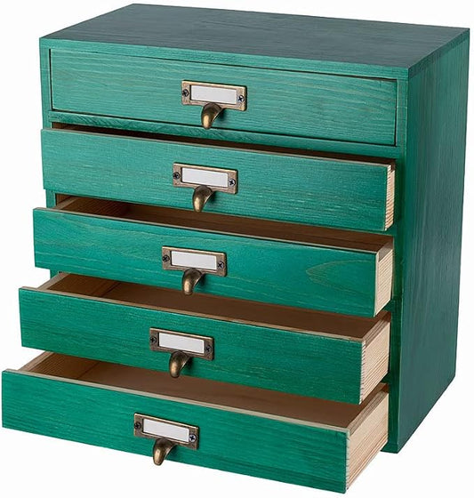 GoooodGIFT Wooden Drawers Small Wooden Box with Drawer, Green | 5 Drawer Wood Storage Box , Vintage Desktop Organizer with Drawers, Desk Organizers for Library Card Catalog Cabinet