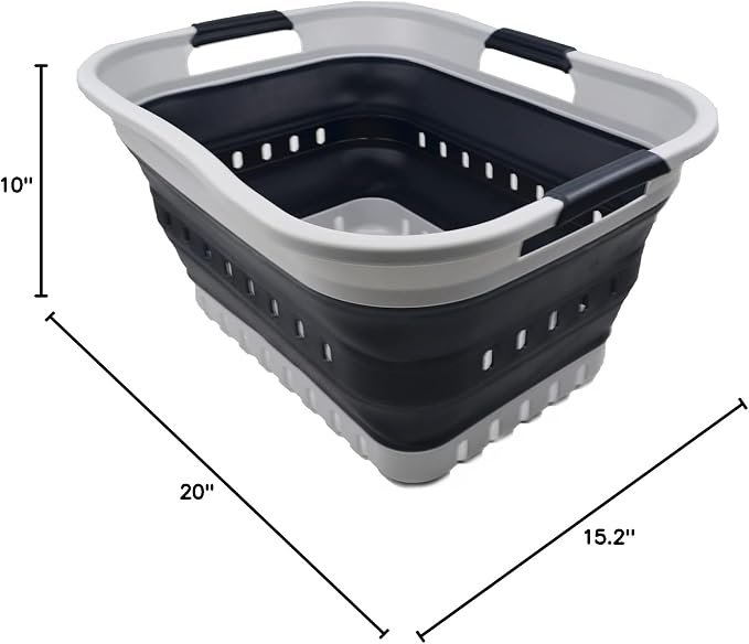 SAMMART 30L (8 gallon) Collapsible 3 Handled Plastic Laundry Basket - Foldable Pop Up Storage Container/Organizer - Portable Washing Tub - Space Saving Hamper/Basket (Grey/Slate Grey)