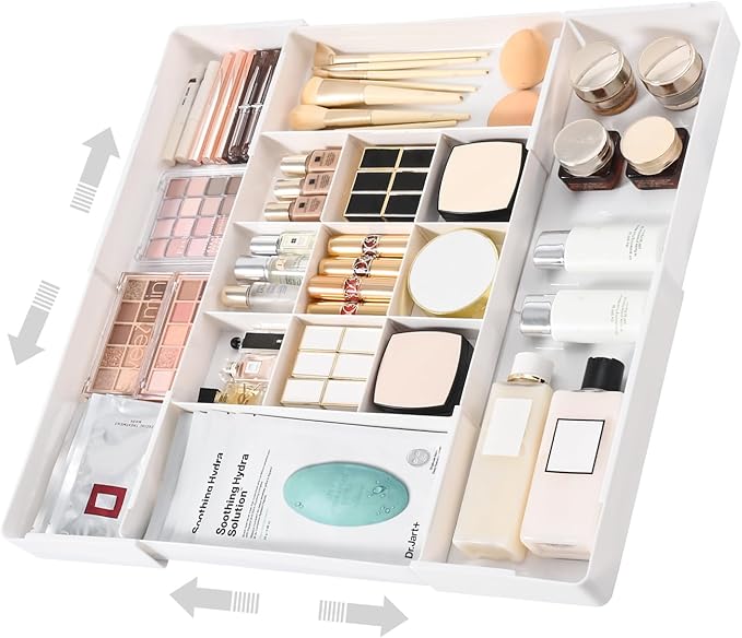 MIUOPUR Expandable Drawer Organizer, Width (10.6"-20.1") Depth (11"-20.1"), Plastic Makeup Drawer Organizer with 6 Removable Dividers, Silverware Organizer, Great for kitchen and Bathroom Drawers