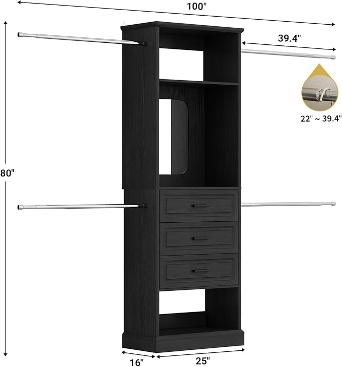 Unikito Closet System, 4FT - 9FT Closet Organizer with Mirror, Luxury Walk in Closet Insert with Drawers and 4 Hanging Rods, Sturdy Wood Wardrobe Closet Garment Rack with 25” Tower, Black