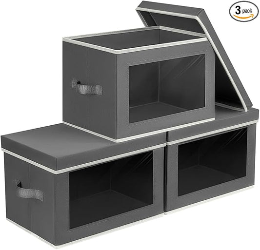 Homsorout Storage Bins with Lids - Fabric Storage Boxes with Lids, Collapsible Storage Bins with Window, Decorative Closet Organizers and Storage for Clothes, Towels, Books, 3 Pack, Dark Grey