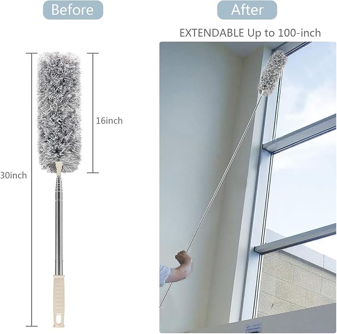 Duster with Extension Pole, 30-100 Inch & Bendable Microfiber Duster Head | Detachable & washable Duster head，Extendable Long Duster for Cleaning Ceiling Fan, High Ceiling, Keyboard, Furniture Car Gray