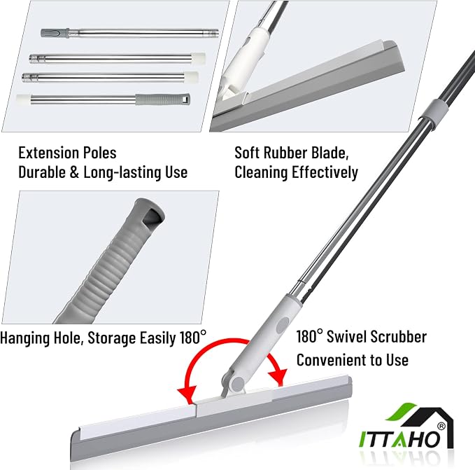 Floor Squeegee, Squeegee Broom for Floor with 62" Long Handle, Shower Squeegee for Tile Shower Walls,Garage, Deck, Bathroom, Glass,Window, Concrete Floor