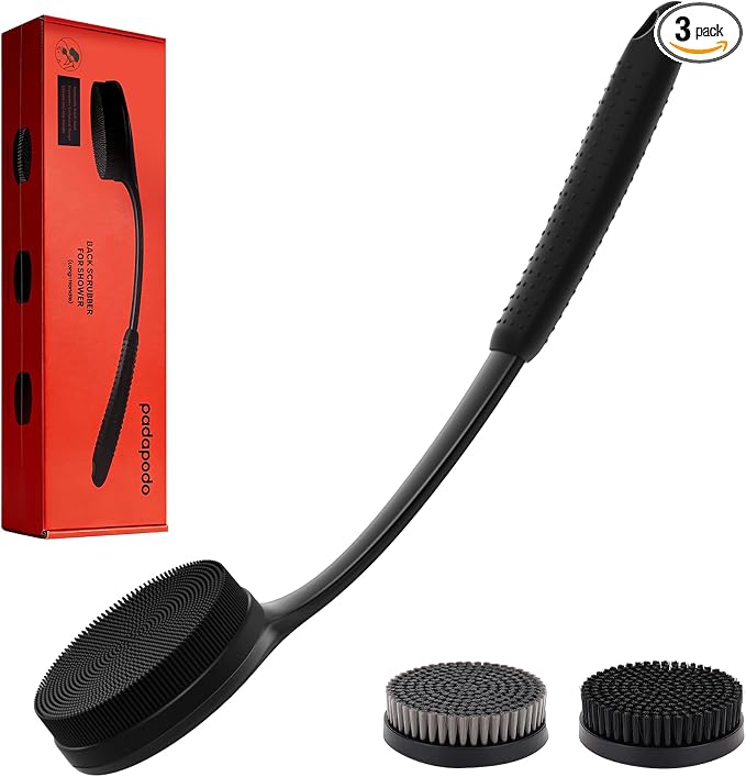 Long Handle Back Scrubber for Shower with 3 Interchangeable Heads-Black | Ergonomic Curved Handle,Non-Slip Silicone Grip,Premium Gift Box,Use in Wet and Dry,Cleaning and Exfoliation