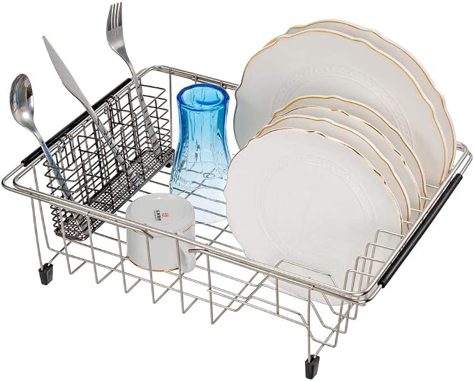 SANNO Stainless Steel Utensil Drying Rack and Cutlery Organizer With Hooks - Removable Silverware Holder, Black