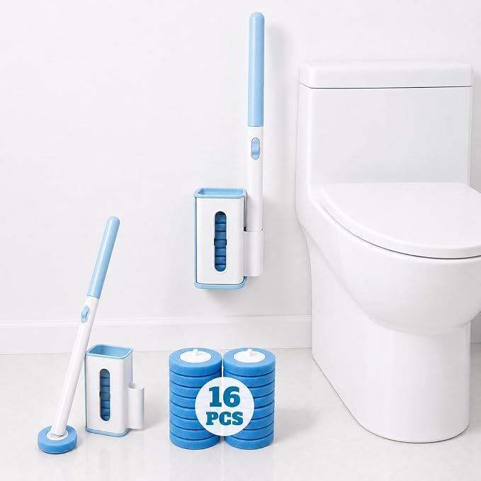 RV Toilet Brush, Wall Mount Bath Cleaning Brush Set, 16 Cleaner Refill | Hands-Free Toilet Bowl Wand Kit, Cleaning System Starter Kit, Bathroom Cleaning System for RV, Sink, Bathtub, Wash Basin