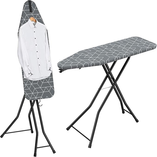 LyriFine Ironing Board, 2-in-1 Ironing and Steaming Board, Sturdy Steel Frame Iron Board with Non-Slip Feet, Heat Resistant Cover Iron Board, Foldable Compact Ironing Board with Hook, 14″ x 43″ Gray