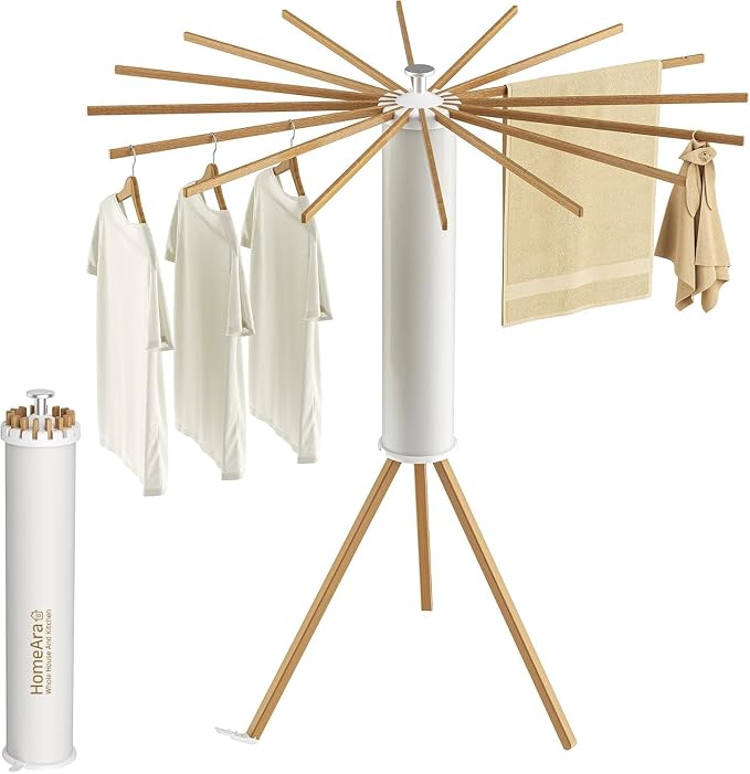 Wooden Tripod Clothes Drying Rack, Foldable Portable Garment Stand, Space Saving Laundry Drying Stand for Clothes, Indoor Outdoor Balcony Bedroom Laundry Organizer