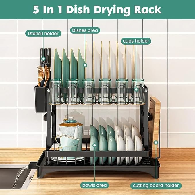 Dish Drying Rack with Drainboard, 2-Tier Foldable Stainless Steel Dish Rack with Utensil Holder, Cup Rack & Cutting Board Holder for Countertop