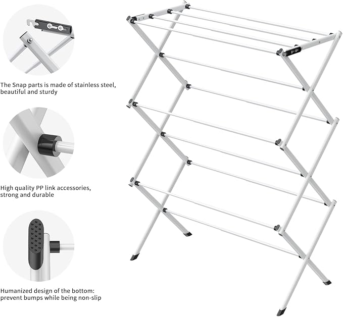 3 Tier Clothes Drying Rack, Foldable Drying Rack Clothing,Indoor & Outdoor Laundry Rack for Drying Clothes,Space-Saving Design, Metal Collapsible Dryer Racks for Laundry, White