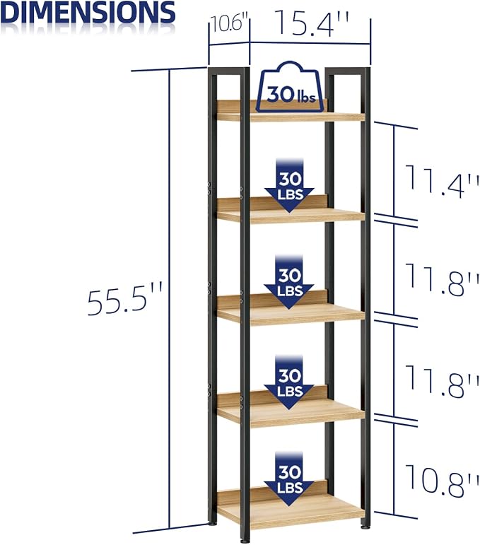 NUMENN Narrow Bookshelf, 5 Tier Freestanding Shelving Unit, Natural | Metal Frame & Wood Shelves, Falling Prevention Baffle, Open Storage Bookcase for Bedroom, Living Room & Home Office