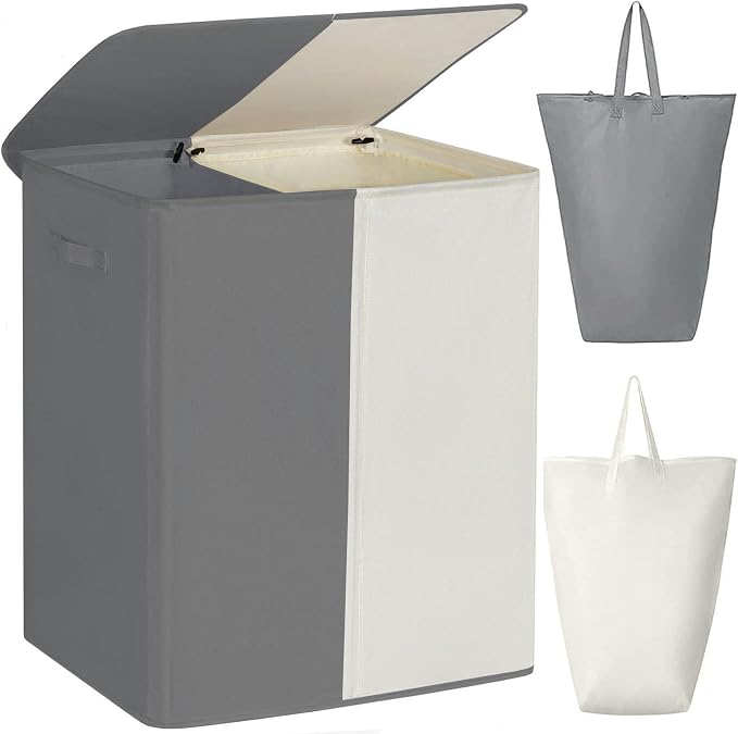 WOWLIVE Double Laundry Hamper with Lid, 154L Large Laundry Basket Organizer | Collapsible Dirty Clothes Hamper 2 Section, with Removable Laundry Bags for Laundry Room, College Dorm, Grey and Beige