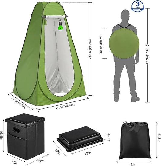 Portable Toilet Kit with Pop-Up Privacy Tent, All-in-One Outdoor Bathroom & Changing Room with Camping Toilet Seat, Waste Bags, LED Light for Camping, RV, Road Trip (Toilet with Green Tent)