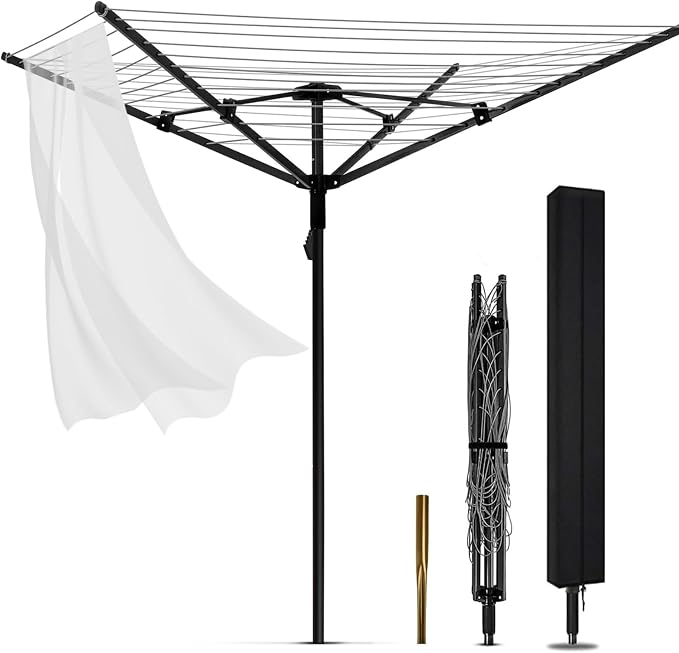 65ft 4-Arm Rotary Umbrella Clothesline Adjustable Height for Backyard | Heavy duty retractable outdoor drying rack with 12 lines, adjustable height, great for backyard laundry drying