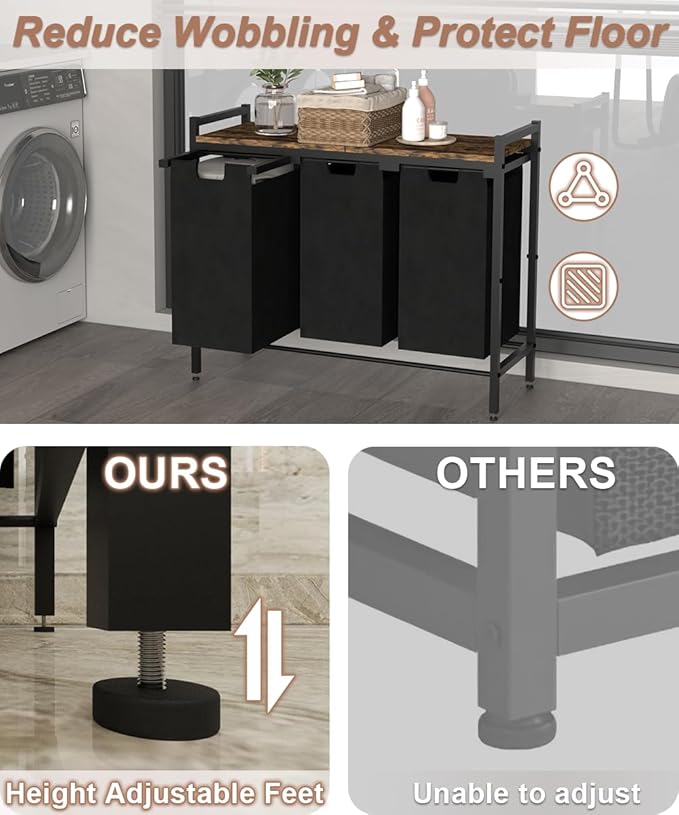 10 x 3 Gal Large Laundry Hamper, Rustic Brown and Black | Freestanding Clothes Basket Organizer with 3 Pull-Out & Removable Sorter Bags for Clothing or Toys in Bathroom & Living Room