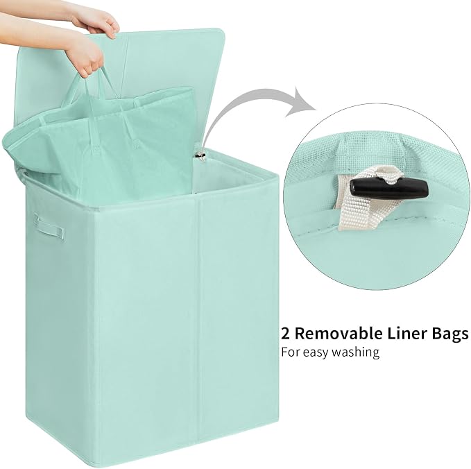 WOWLIVE 154L Double Laundry Hamper 2 Section with Lid and Removable Bags | Divided Laundry Basket, Large Dirty Clothes Hamper with Handle, Collapsible Laundry Storage for Dorm, College, Mint Green