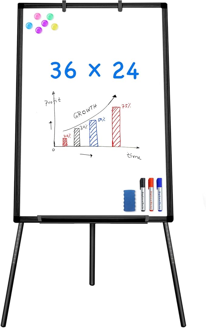Maxtek Easel Whiteboard 36 x 24, Stand Tripod with Height Adjustable, Black | 3' x 2' Magnetic Dry Erase Surface, Flipchart Stand, Portable Tripod Easel for Office, Teaching, Home and Classroom