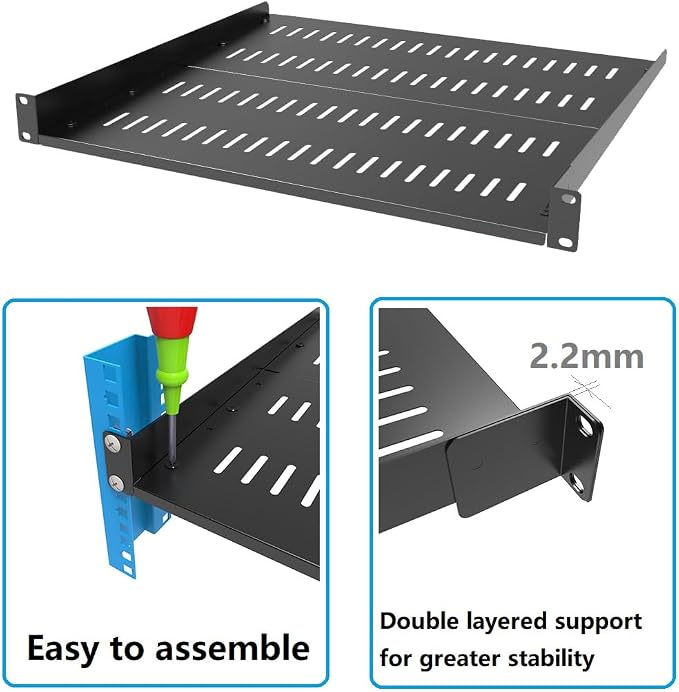 2 Pack 1U Vented Server Rack Shelf, Depth Adjustable 16-20" | Metal Universal Cantilever Rack Mount Tray for 19 Inch Networking Equipments Rack Enclosure, Black (1U16In2PCS)